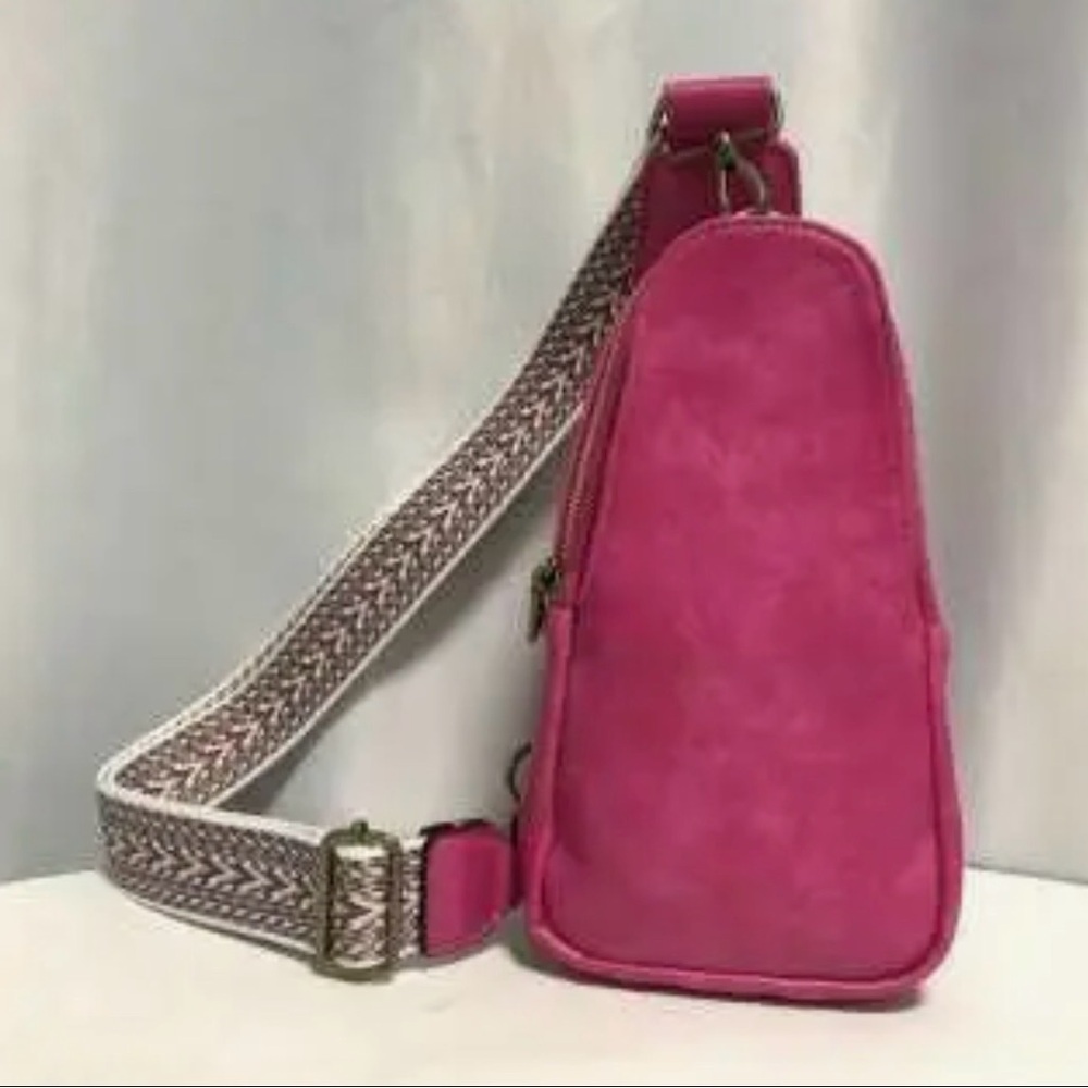 Vibrant Pink Crossbody leather Bag with Patterned Strap